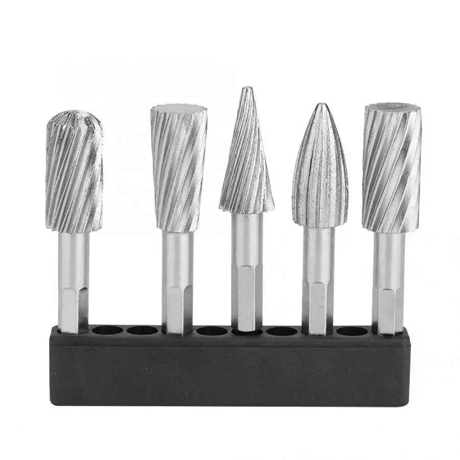 Milling Cutter 5pcs 1/4inch Hex Shank High Speed Steel Burrs Rotary Files Tools for Aluminum and