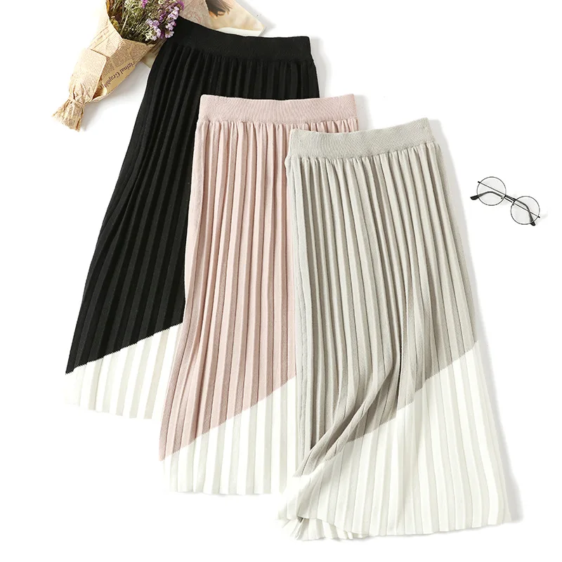 Элегантные плиссированные вязаные юбки женские новые осенние зимние свитера юбки высокая талия хит цвет миди юбка Женская длинная винтажная юбка
