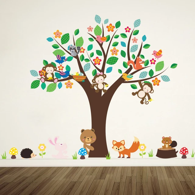forest animals monkey play under flower tree wall sticker for kids