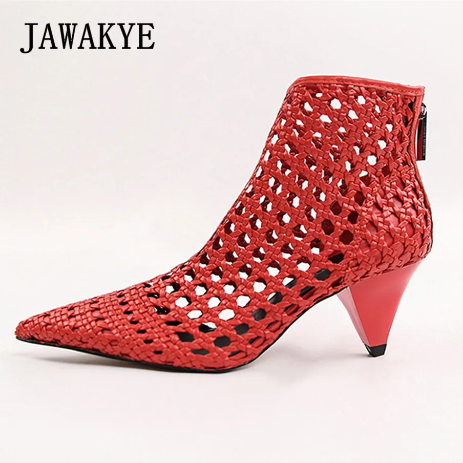 JAWAKYE Elegant Retro Red Gladiator Sandals Womens Cut Outs Mesh Leather Block Chunky Spike High 