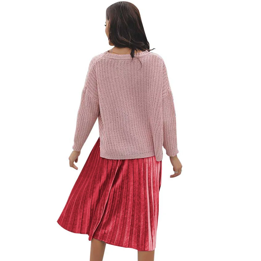 Женские Большие размеры Повседневная мода однотонный вельветовый средней длины юбка весна и лето Высокая талия плиссированная юбка 3085
