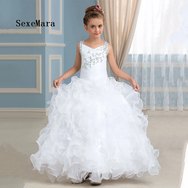 

Ball Gown White Flower Girls Dress For Weddings Crystals Organza Sleeveless Pageant Gowns Party First Communion Vestidos