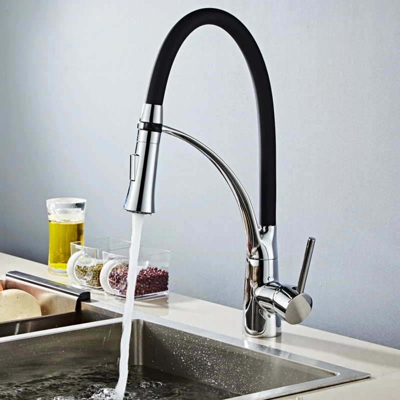 

Black Kitchen Faucets with Rubber Design Chrome Mixer Faucet for Kitchen Single Handle Pull Down Deck Mounted Crane for Sinks