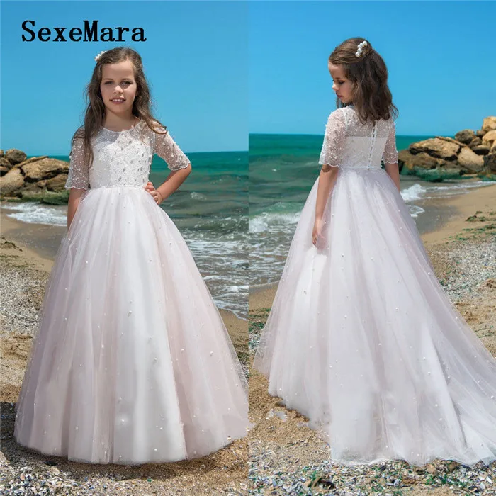 

Gorgeous Luxury Ivory White Flower Girls Dresses for Wedding Half Sleeve Tulle Pearls Little Girls Birthday Gown Communion Dress