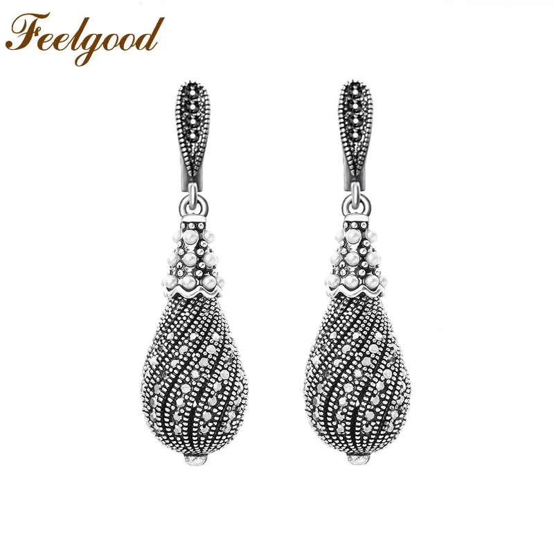 Feelgood Jewelry Antique Silver Color Vintage Earring Micro Pave Black Crystal Teardrop Drop Earrings For Women Party Gift