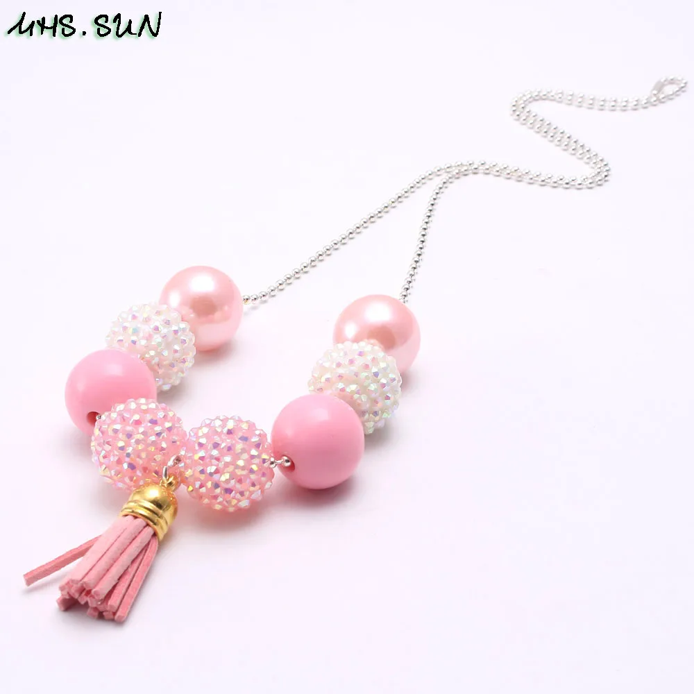 BN599-1 (4),$1.8-1PC,50g. Fashion Kids Girls Chunky Bubblegum Beaded Necklace RedPink Tassel Pendants Handmade Children Long Chain Necklace 1pcJPG
