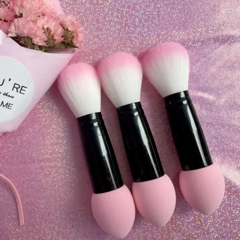 

1pc Professional Two Head Makeup Brush Nylon blusher brush Metal Cosmetic Tools with Sponge