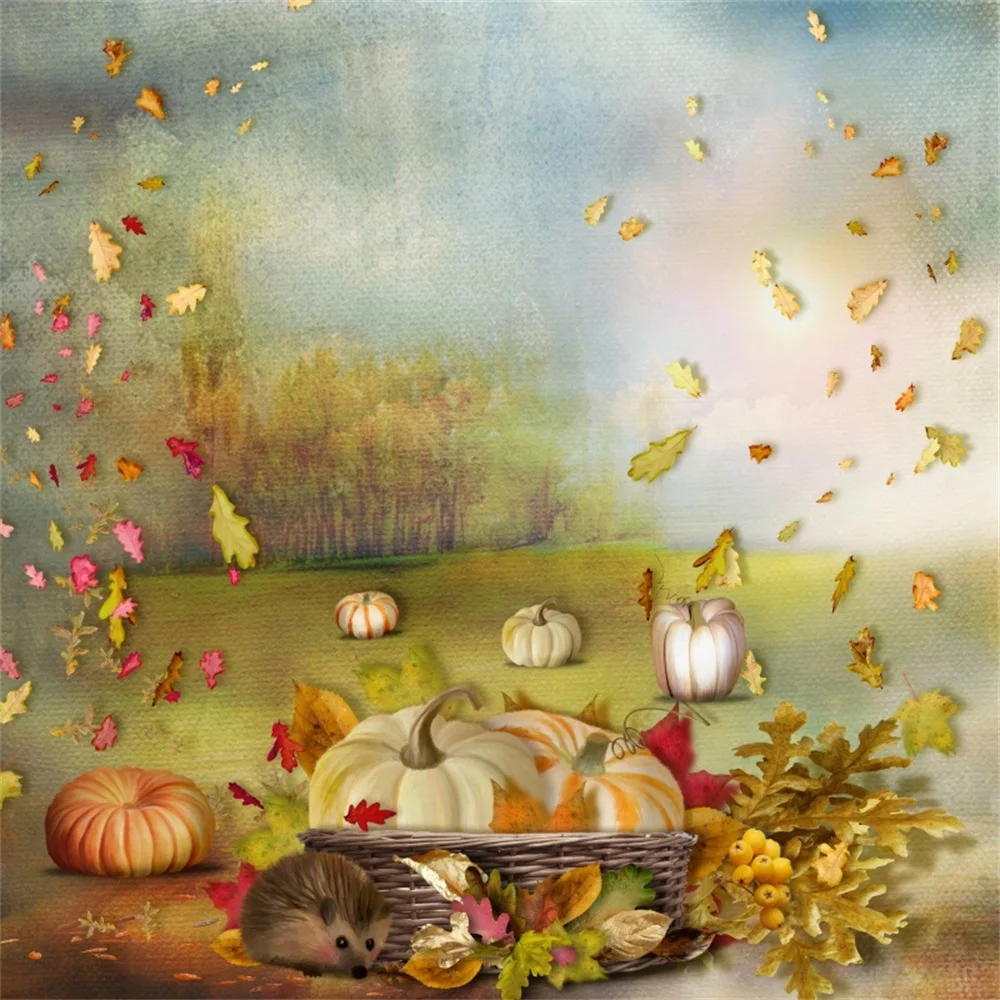 

Laeacco Autumn Oil Painting Fox Pumpkin Fallen Leaves Baby Photo Backgrounds Customized Photographic Backdrops For Photo Studio