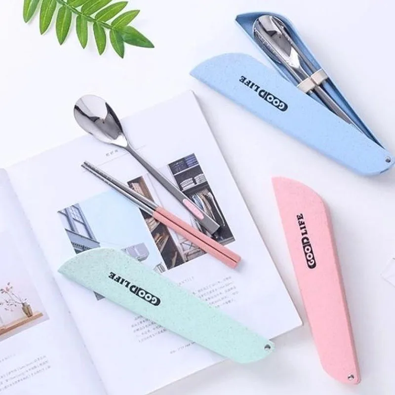

Portable Tableware Set Wheat Straw Tableware Fashion Stainless Steel Silica Gel Chopsticks Travel Kitchen Spoon