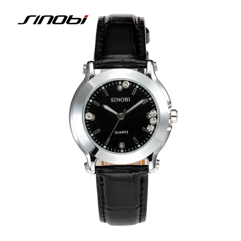 

SINOBI Female Crystal Quartz Women Watches Black Leather Silver Famous Brand Waterproof Ladies Watches Women Fashion Watch 2017