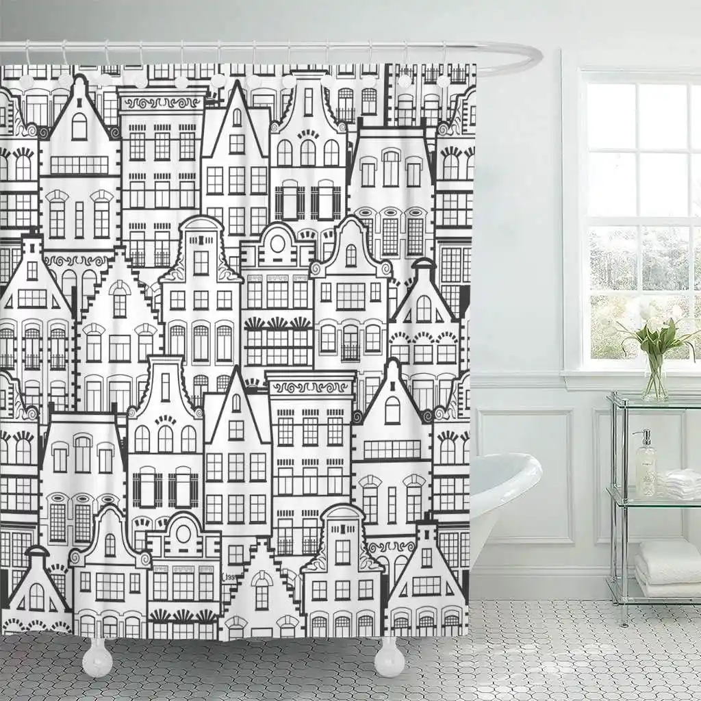 Shower Curtain With Hooks Holland Old Houses Facades Traditional Architecture Netherlands Line Black And White Bathroom Shower Curtains Aliexpress