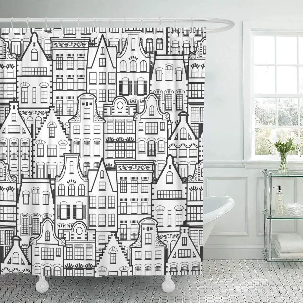 

Shower Curtain with Hooks Holland Old Houses Facades Traditional Architecture Netherlands Line Black and White Bathroom