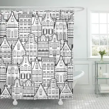 

Shower Curtain with Hooks Holland Old Houses Facades Traditional Architecture Netherlands Line Black and White Bathroom