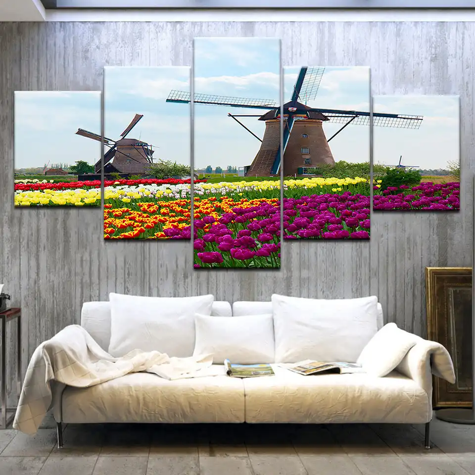 5 Paneles Pieza Molino De Viento Campo Panoramica De Flores Hd