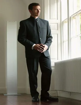 Ceny 2018 Ciemny Szary Groomsmen Smokingi Garnitury Męskie Slim Fit Stanąć Kołnierz Garnitur Pana Młodego Najlepszy Mężczyźni Garnitury ślubne Garnitury (kurtka + Spodnie + Krawat)