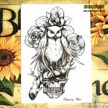 

Black Owl Skull Temporary Tattoo Body Art Flash Tattoo Stickers 12*20cm Waterproof Henna Tatoo Styling Home Decor Wall Sticker