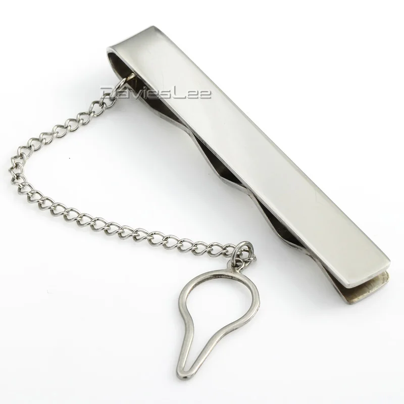 7mm Smooth Silver Tone Stainless Steel Slide Tie Clasp Clip Bar Pin w Chain KT01chain link