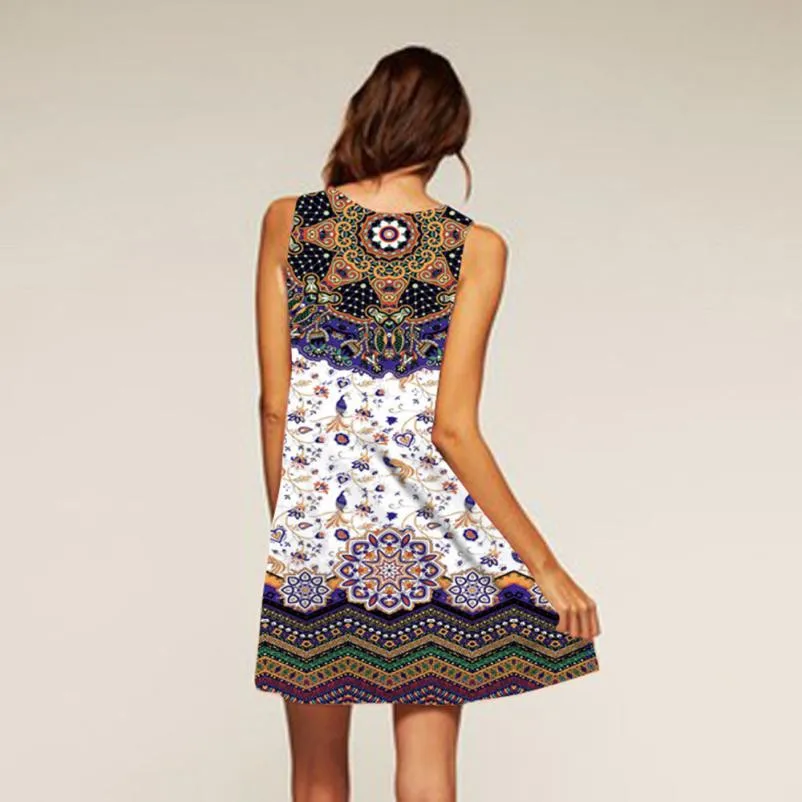 

Moda mujer 2018 Women Ladies Loose Summer Vintage Sleeveless 3D Floral Print Bohe Tank Short Mini Dress Summer dresses vestidos