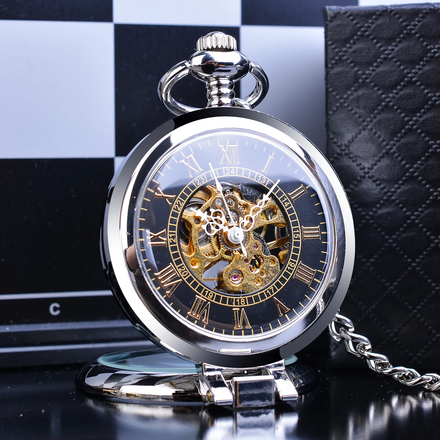 Silver Steampunk Stand Case New Design Clock Mechanical Men Pocket Watch Transparent Skeleton Back Roman Numerals With FOB Chain
