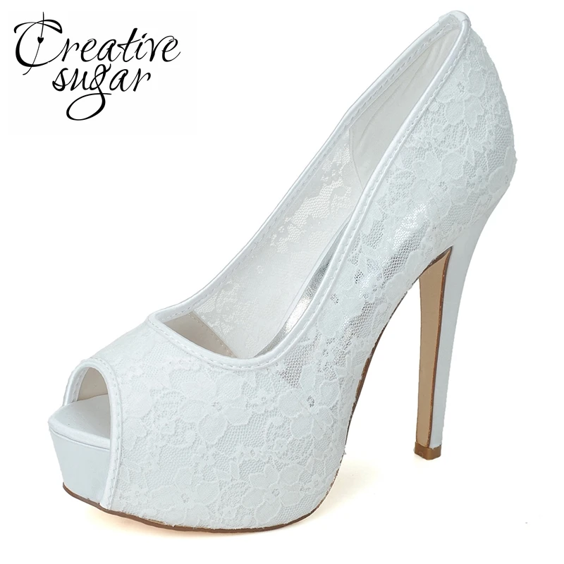 Creativesugar Soft lace see through platform high heels woman open toe wedding party prom evening banquet shoes pink white black Creativesugar Soft lace see through platform high heels woman open toe wedding party prom evening banquet shoes pink white black