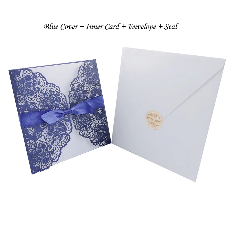 1 шт. Элегантный квадратный полый лазерный разрез свадебные пригласительные открытки бумага с лентой Персонализированные Свадебные украшения вечерние принадлежности - Цвет: One Set Blue