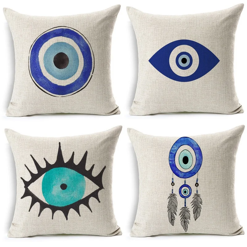 

Watercolor Eyes Dream Catcher Cushion Cover Ramadan Decoration Pillow Covers Beige Linen Pillow Case Bedroom Sofa Decor
