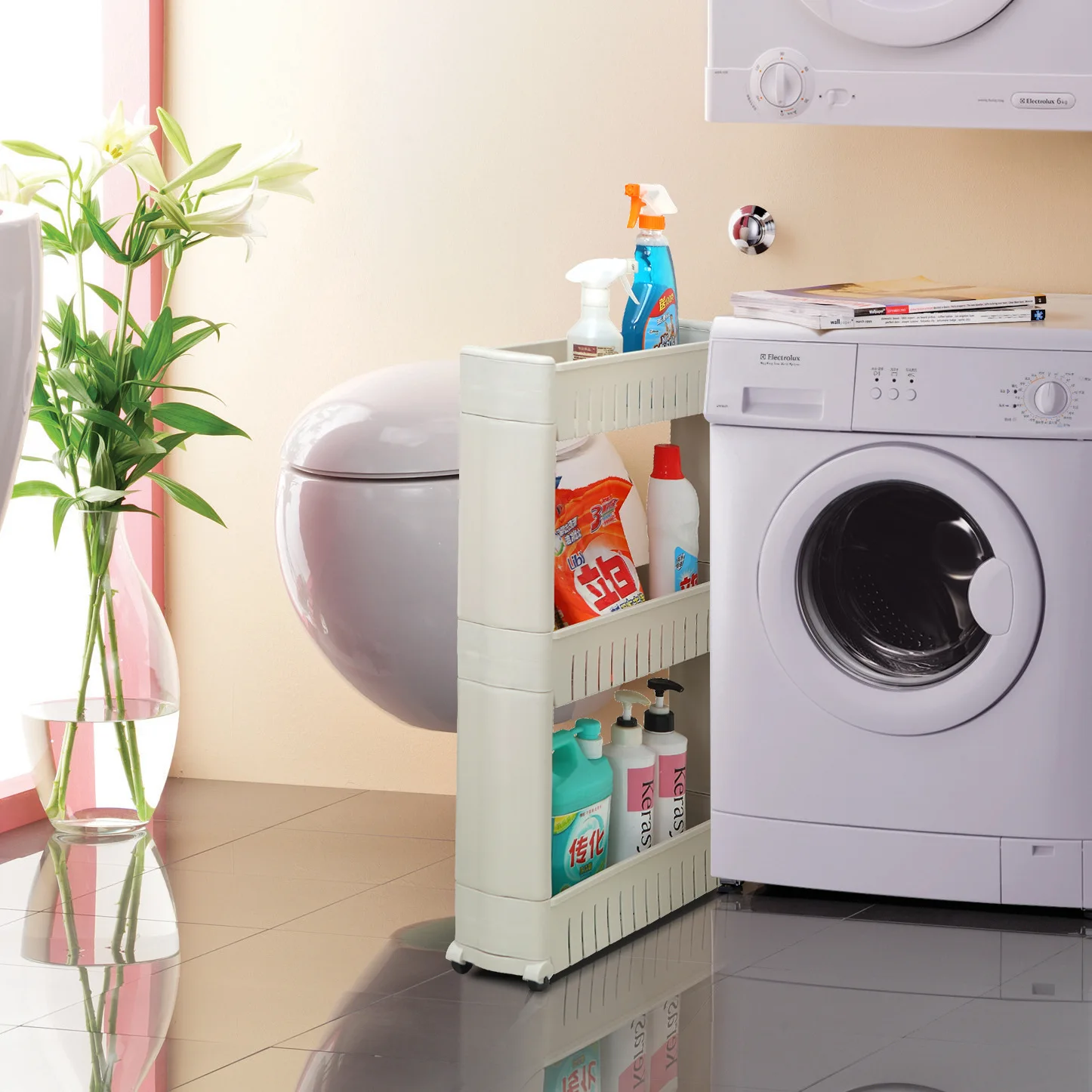 

1pcs Gap Kitchen Storage Rack Shelf with Wheels High Quality Save Space 3 layers Movable Assemble Plastic Bathroom