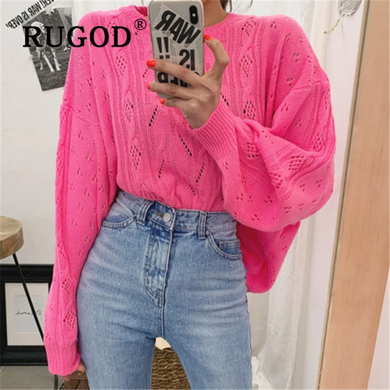 

RUGOD Elegant O neck Knitted Women Sweater Korean Chic Hollow out Auturm Oversized Pullovers Female Fashion Green sueter mujer