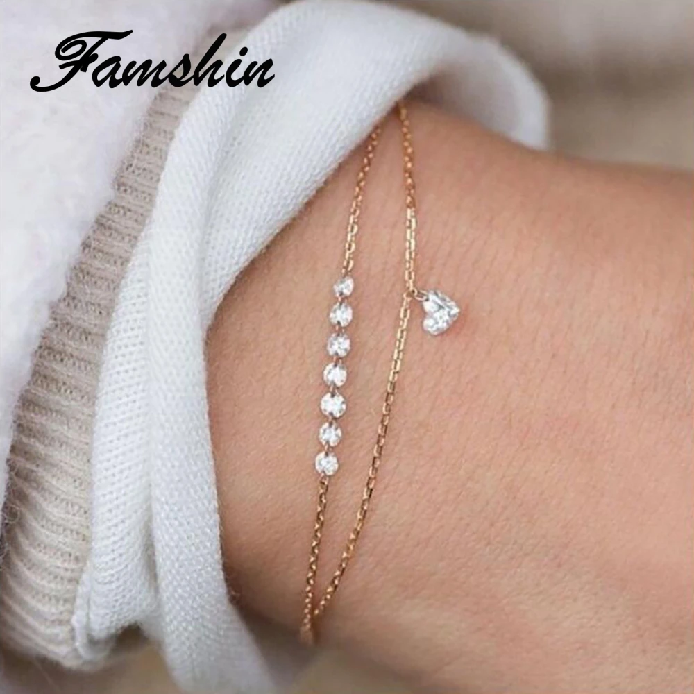 FAMSHIN Модный летний двухслойный Кристальный браслет в форме сердца женские