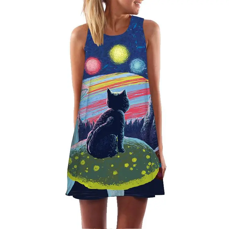 Мини Короткое платье шифоновое женское летнее повседневное богемное пляжное платье с единорогом сексуальное свободное женское платье без рукавов с круглым вырезом Verano - Цвет: LYQ-383