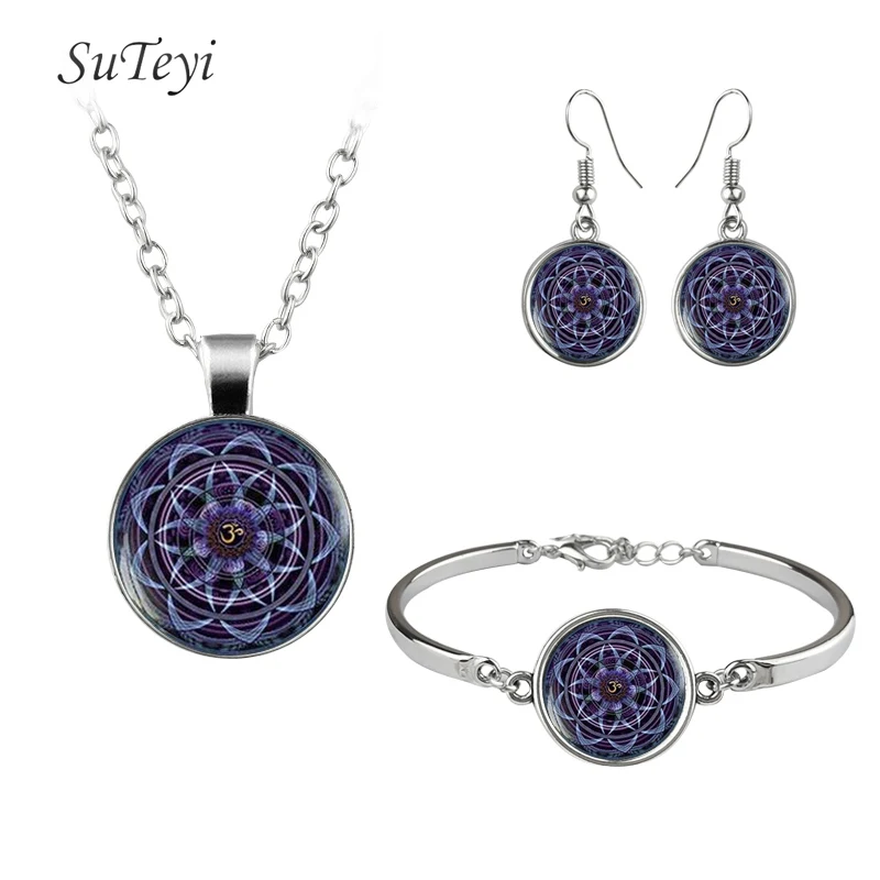SUTEYI, модное ожерелье, серьги, браслет, ювелирный набор, мандала, цветок, хрустальное ожерелье, s, круглые стеклянные серьги, художественное изображение, браслеты - Окраска металла: 5