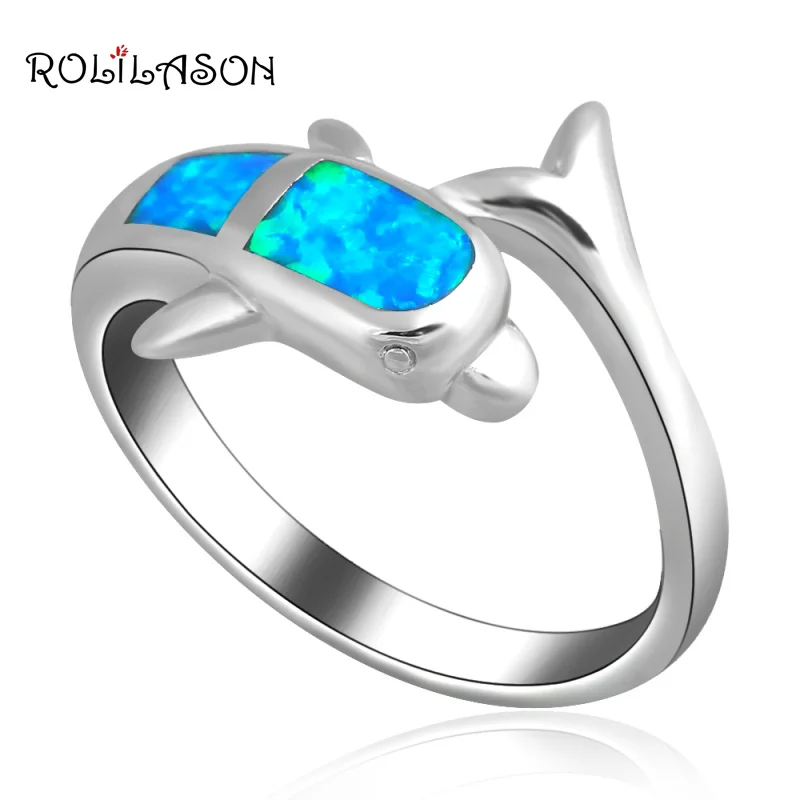 

ROLILASON vintage rings Wholesale & Retail Special Dolphin Blue Fire Opal 925 Silver Stamped Ring #6.5 Fashion Jewelry OR321