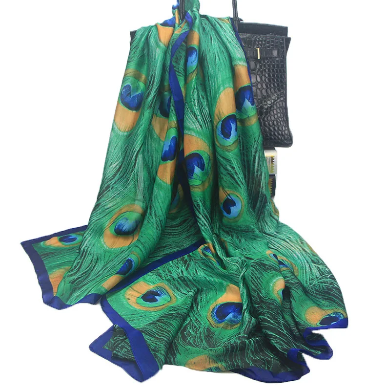 ZFQHJJ женский роскошный брендовый шифоновый шелковый шарф зеленое перо павлина с принтом длинная шаль большой пашмины палантины женский платок 180x90 см