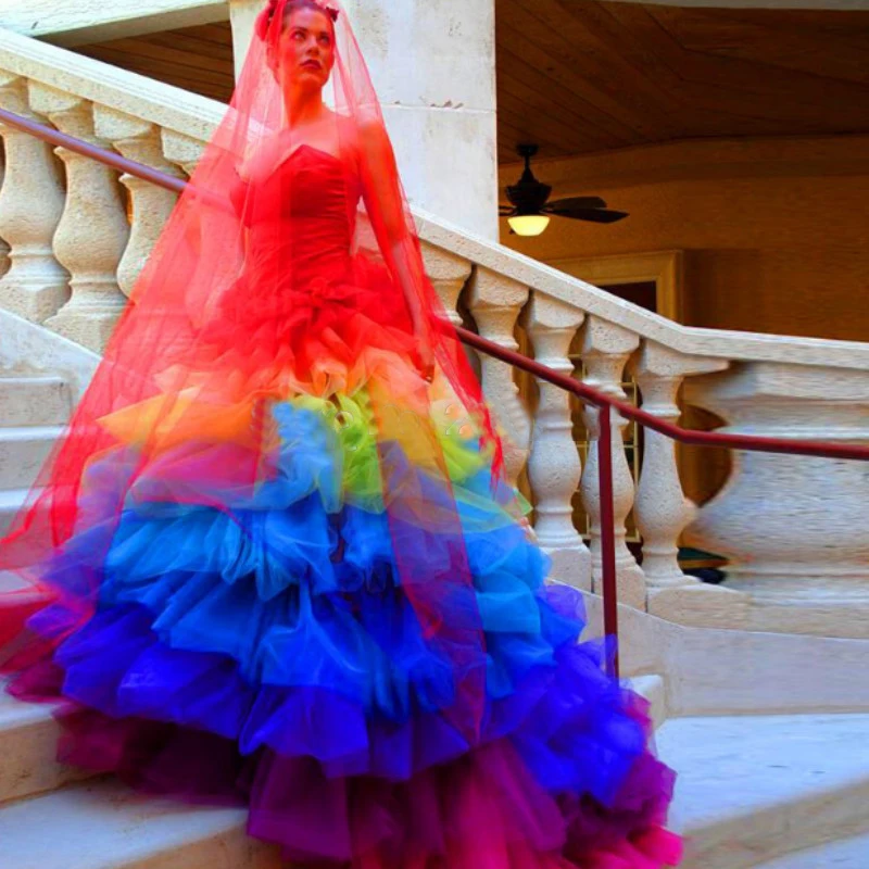 

Elegant Rainbow Plus Size Luxury Ball Gown Bridal Gowns Floor Length Colorful Wedding Dresses 2019 Vestido De Noiva
