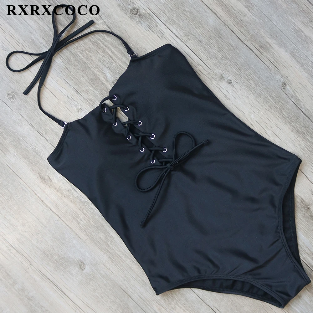 

RXRXCOCO 2018 Sexy Bandage Swimwear Women Black One Piece Swimsuit Push Up Bathing Suits Bikini Set Monikini With Pad Beachwear