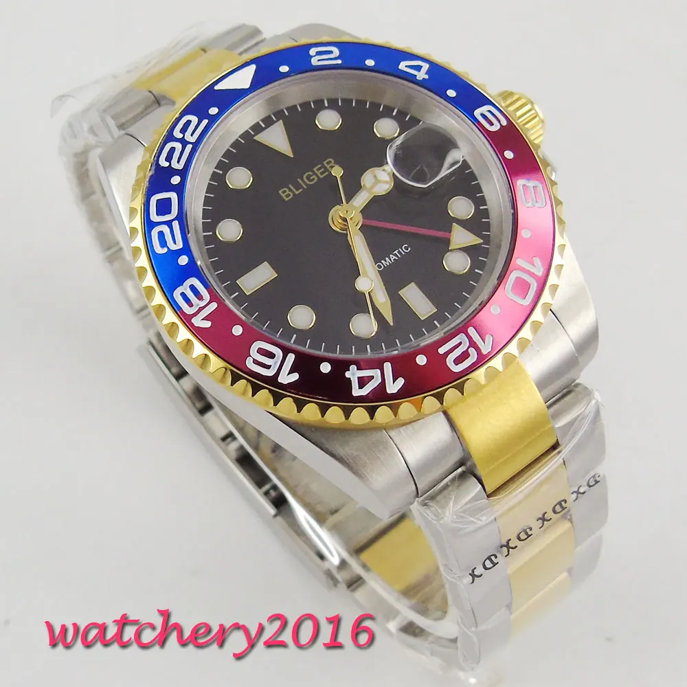 

40mm Bliger Sterile Black dial Sapphire Crystal Complete Calendar SS band Luminous Hands GMT Automatic Mechanical Men's Watch