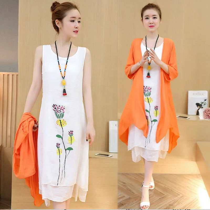 

2019 spring and summer new two-piece Chinese style literary fan print dress long-sleeved large size dress