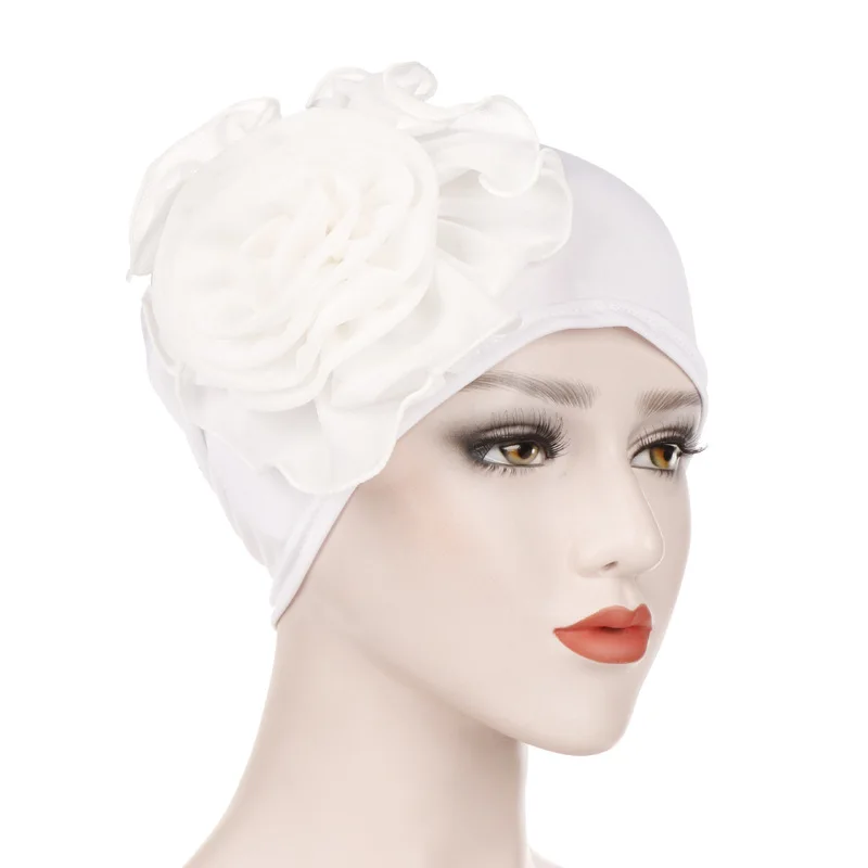 Женские эластичные шапочки с большой цветочной головкой шапочка из хлопка Дамские выпадения волос Африканский тюрбан Boho Аксессуары для волос мусульманский шарф - Цвет: White