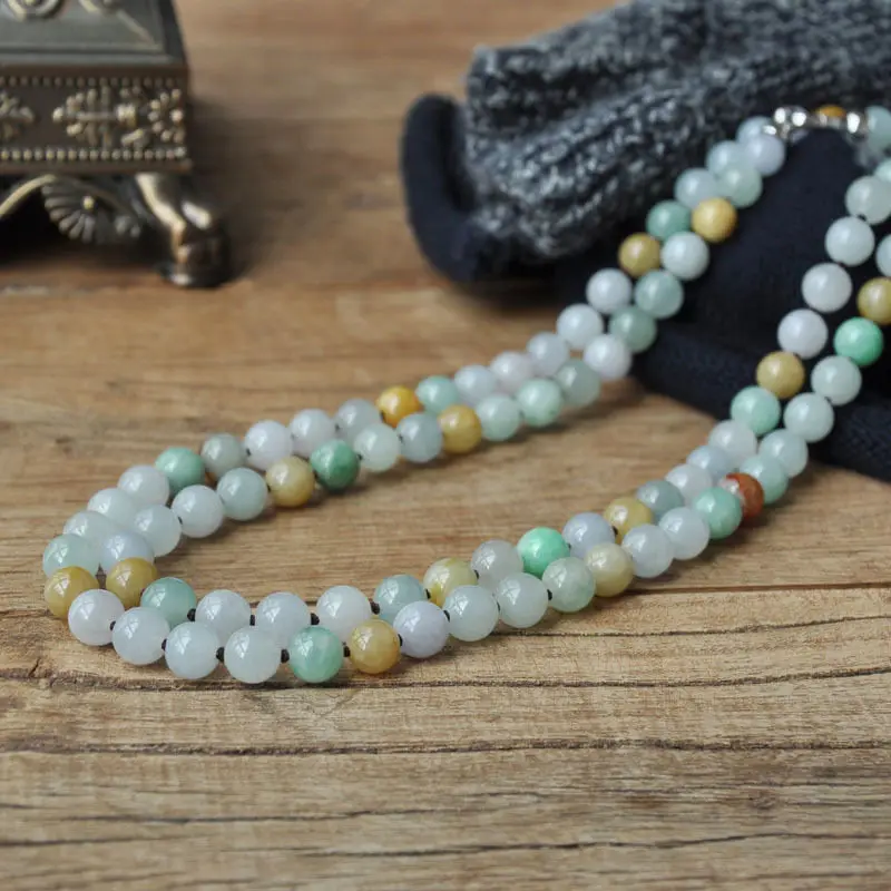 

0211 Natural jadeite jade Three-color fu lu shou round bead super long necklace