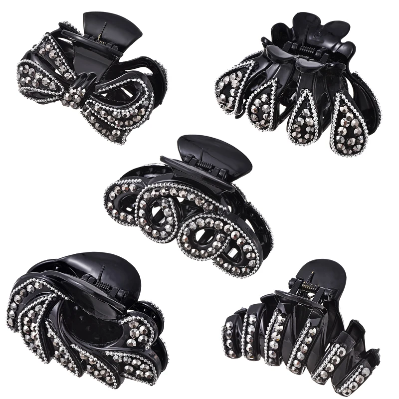

C MISM Women Rhinestone Flower Bowknot Big Hair Claws Bow Striped Hair Clips Ponytail Holders Elegant Shining Hair Accessories