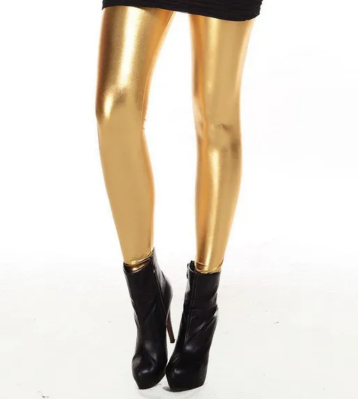 Модные летние женские тонкие блестящие леггинсы, искусственная кожа, средняя талия, длина по щиколотку, брюки - Цвет: golden