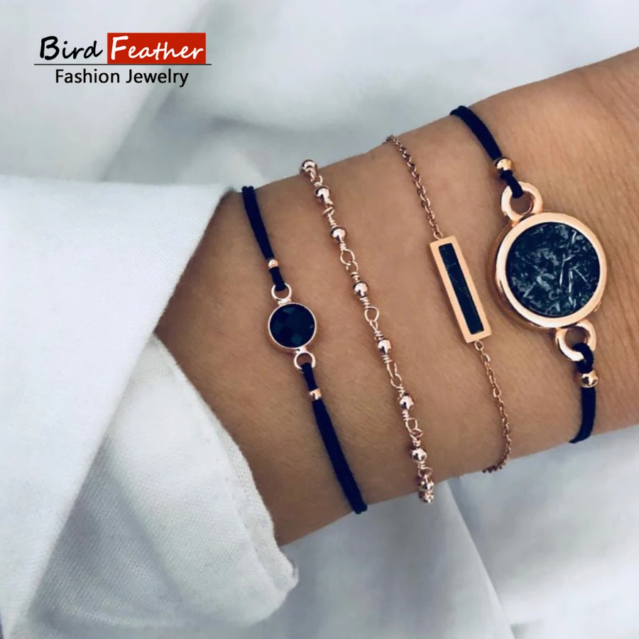 

Gold color Bohemian Handmade Hollow Black stone Bracelet Sets Women 2019 New Rope Chain Bracelets Retro Jewelry Accessories