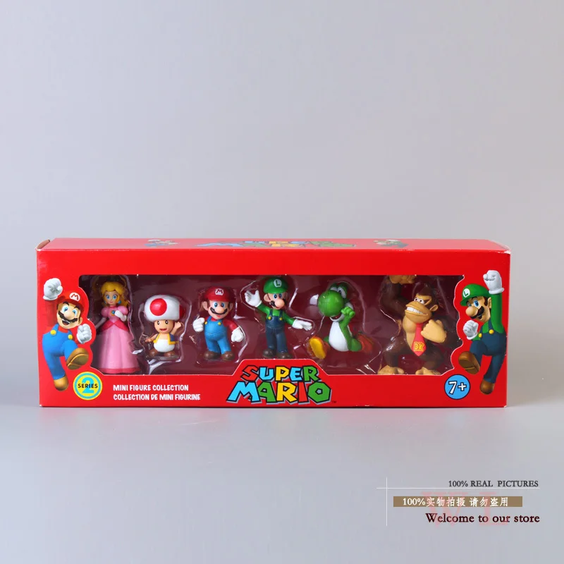 Free Shipping Super Mario Bros Peach Toad Mario Luigi Yoshi Donkey Kong PVC Action Figure Toys Dolls 6pcs/set New in Box SMFG218