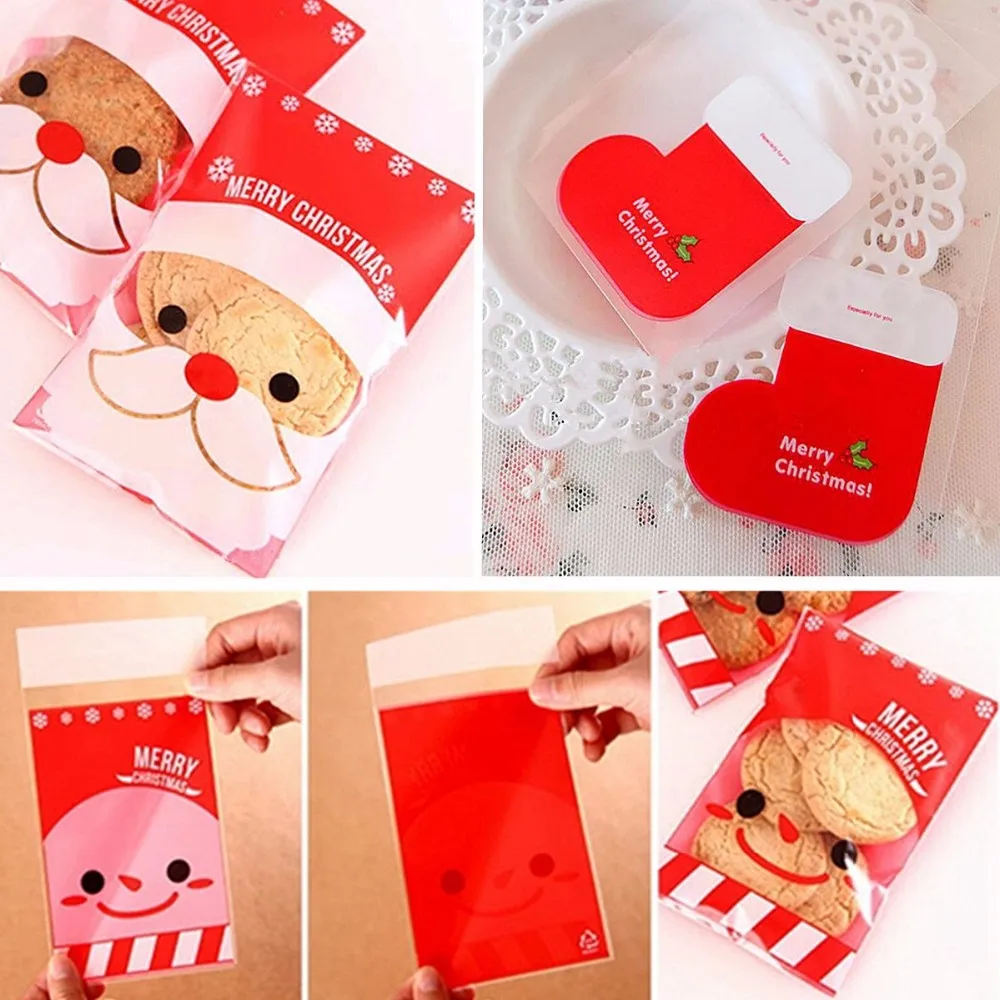 100X Красный Рождественский чулок Санта печенье конфеты сладкие вечерние подарочные целлофановые сумки