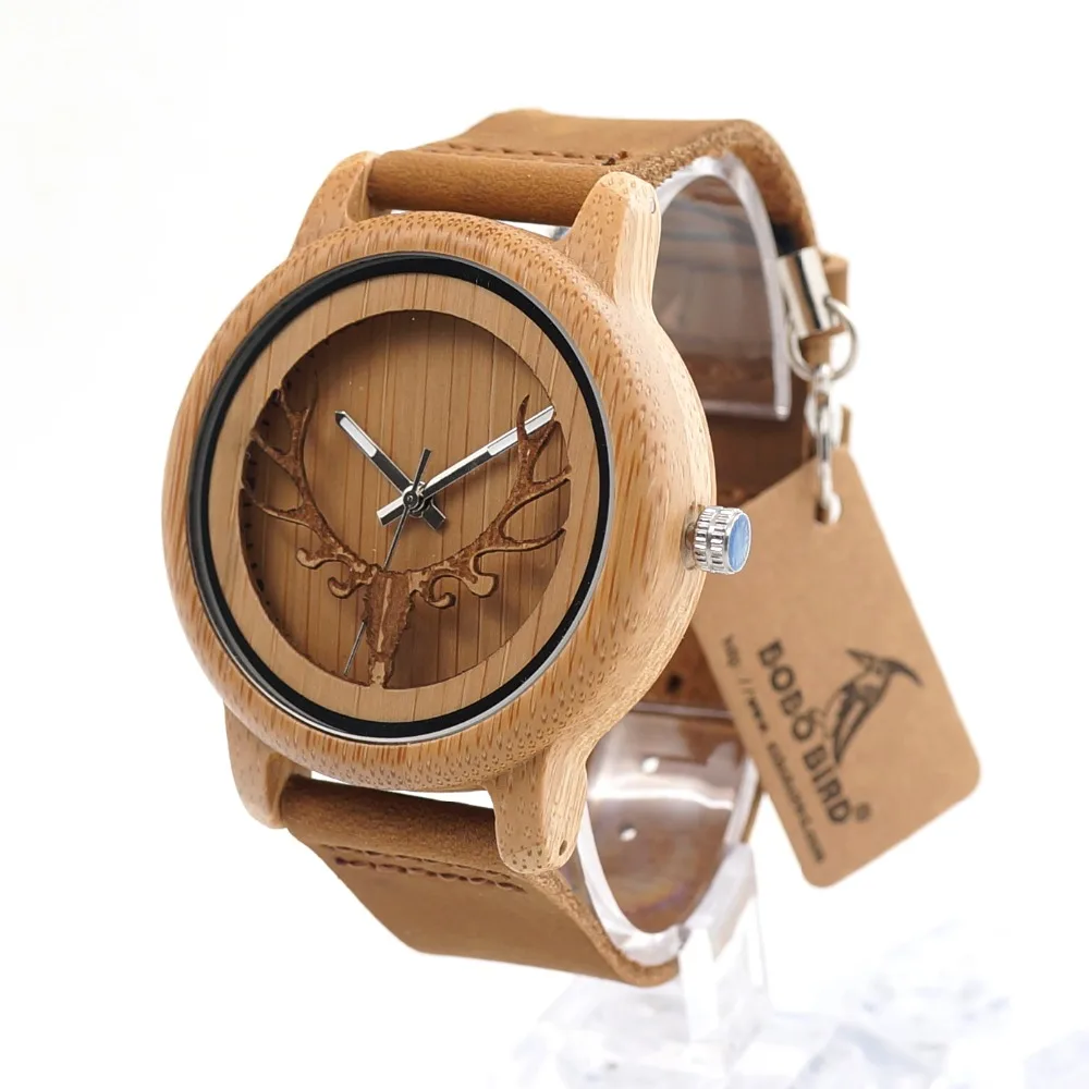 BOBO BIRD A27 Skeleton Watch With Deer Buck Head Design Bamboo Wood Quartz Watches With White Real Leather Band in Box Relogio