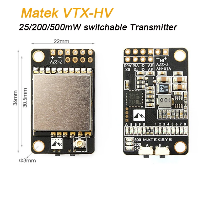 

Matek 5.8G 40CH 25mW 200mW 500mW Switched Video Transmitter VTX-HV 5V/1A BEC Output For RC Multirotor Toys Models Transmission