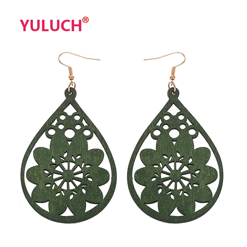 

YULUCH Wooden Water Drops Cutout Hot Wheel Flower Pendant Earrings for Fashion African Woman Jewelry Girl Gifts