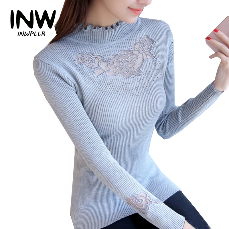 Women Pullovers 2019 Autumn Fashion Flower Lace Patchwork Pullover Sweaters Mujer Casual Long Sleeve Diamond Knitted Pull Femme | Женская