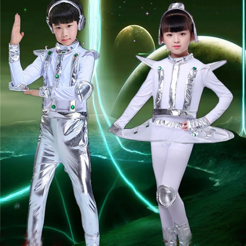 Детский костюм робота; цвет белый, серебристый; костюм космонавта для сцены; Одежда для танцев; одежда унисекс; Одежда для танцев для мальчиков и девочек