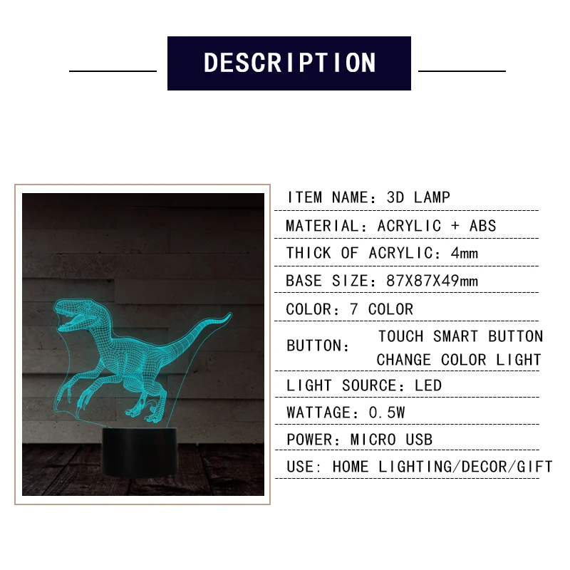 3D Оптическая иллюзия животного Ночной светильник 7 светодиодный меняющий цвет светильник Холодный мягкий светильник Велоцираптор тираннозавр рекс Т Рекс трицератоп